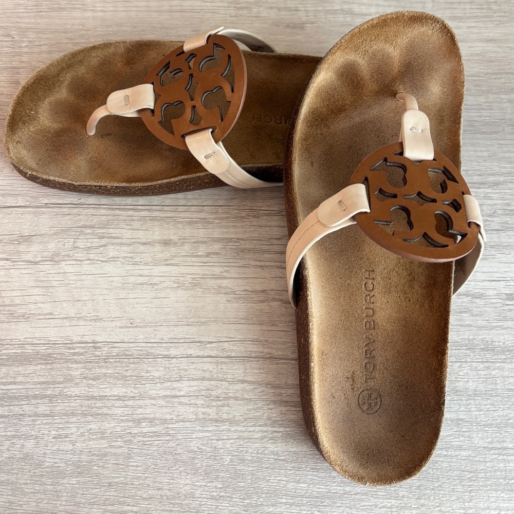 Tory Burch Tan and Cream Sandals with Cork Footbed